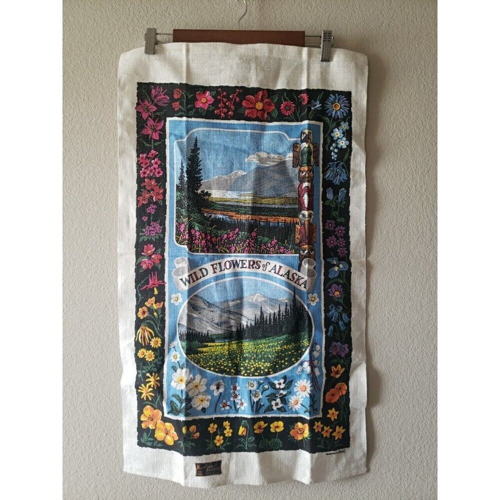 Wild FLOWERS Of ALASKA VTG Souvenir Tea Towel Dish Cloth KAY DEE Linen 17x29